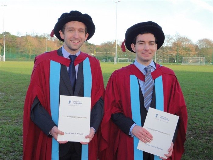 Photo of Dr Mark Dimond and Dr Will Preston taken at the Winter Graduation Ceremony held at the University of Nottingham on 12 December 2014