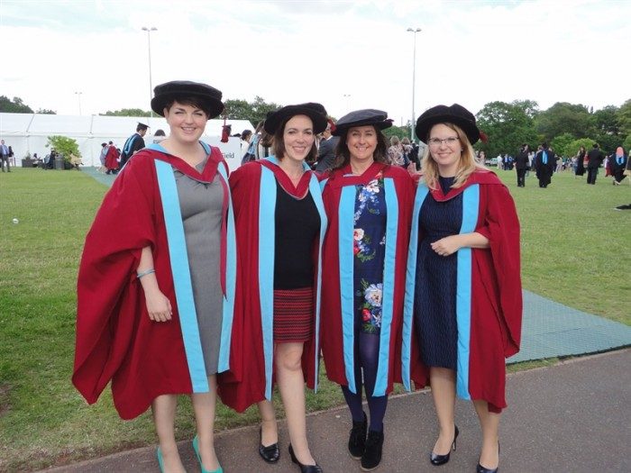 Photo of Dr Emily Webber, Professor Sarah Sharples, Dr Jo Cranwell, Dr Claudia Krehl at graduation.