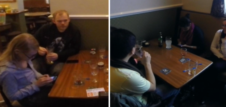 Two photos of people using their phone in the pub